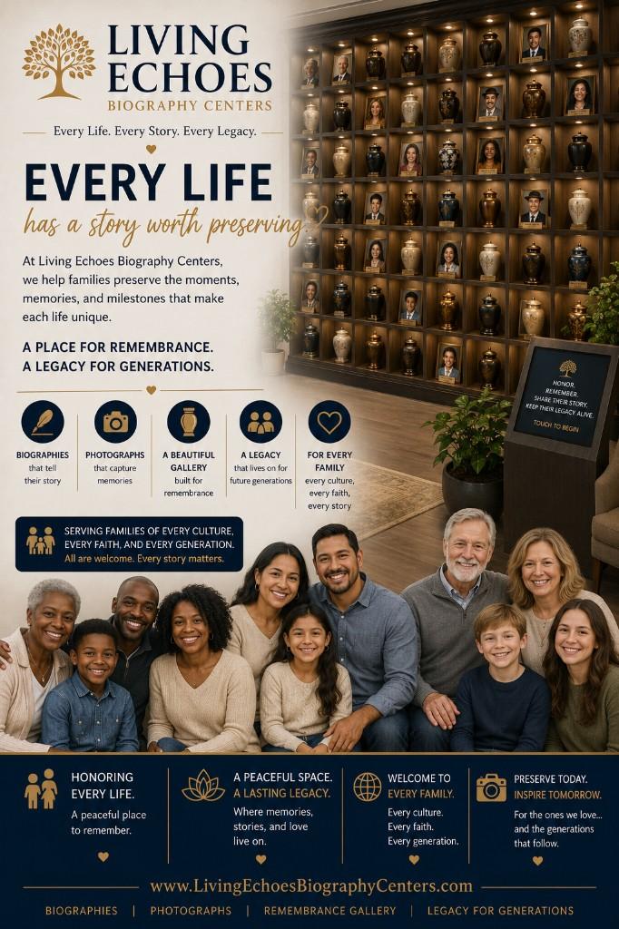 Conceptual rendering of a multi-generational family together in front of a Living Echoes remembrance wall of portraits and urns.