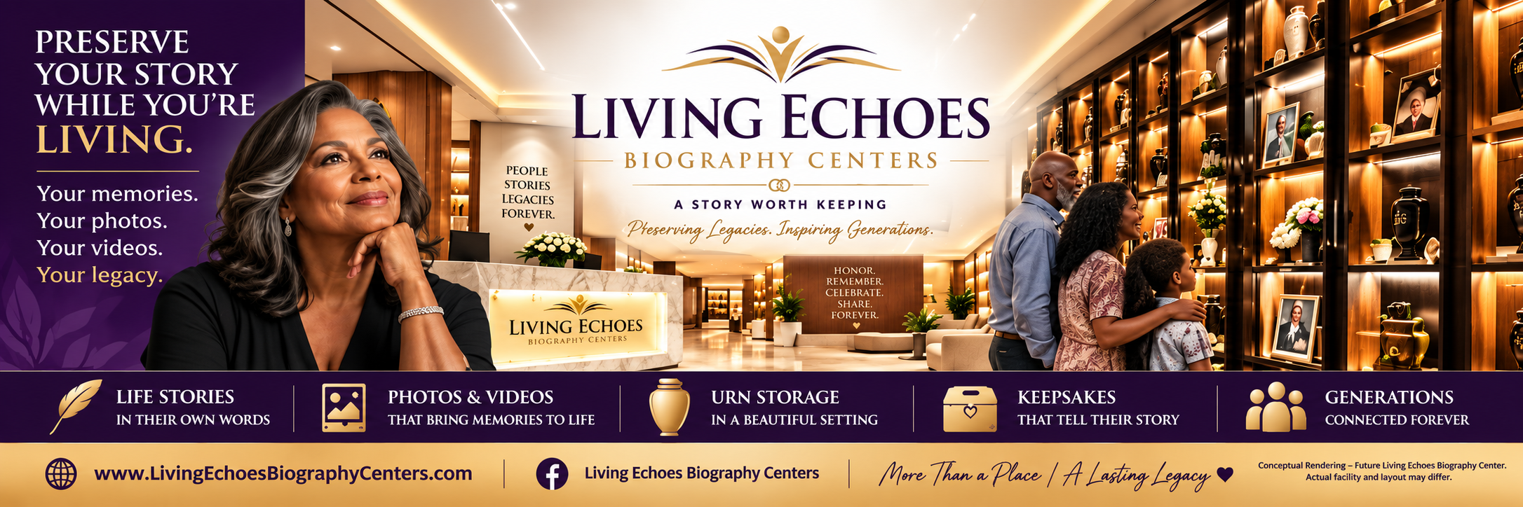 Conceptual rendering of a Living Echoes Biography Center lobby, with a reception desk, a family, and a gallery of portraits and urns.