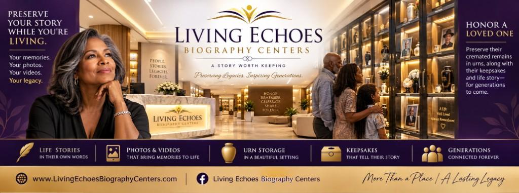 Conceptual rendering of a Living Echoes Biography Center lobby, with a reception desk, a family, and a gallery of portraits and urns.