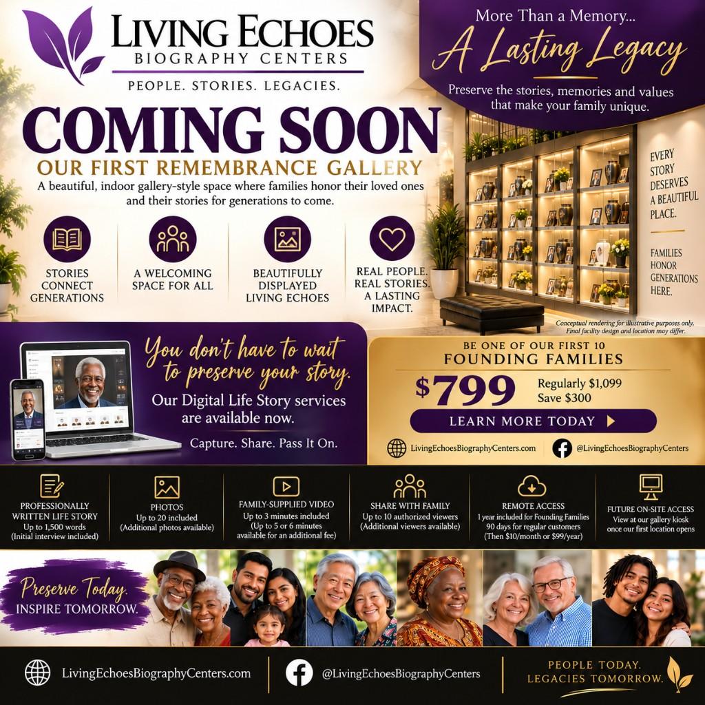 Coming soon poster for the first Living Echoes Remembrance Gallery, showing the gallery interior beside the Founding Family Digital Life Story.